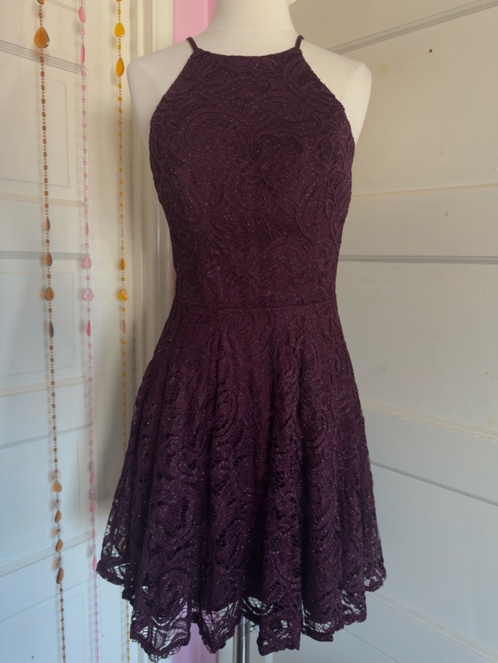 Windsor Burgundy Lace Fit & Flare Dress S Lace Up Back Homecoming